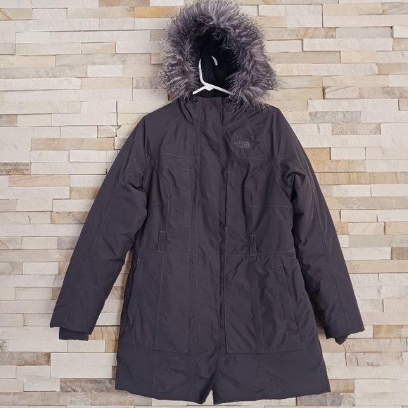 North Face Womens Large Grey Long Length Fur Parka Winter Jacket Ladies Coat Ski